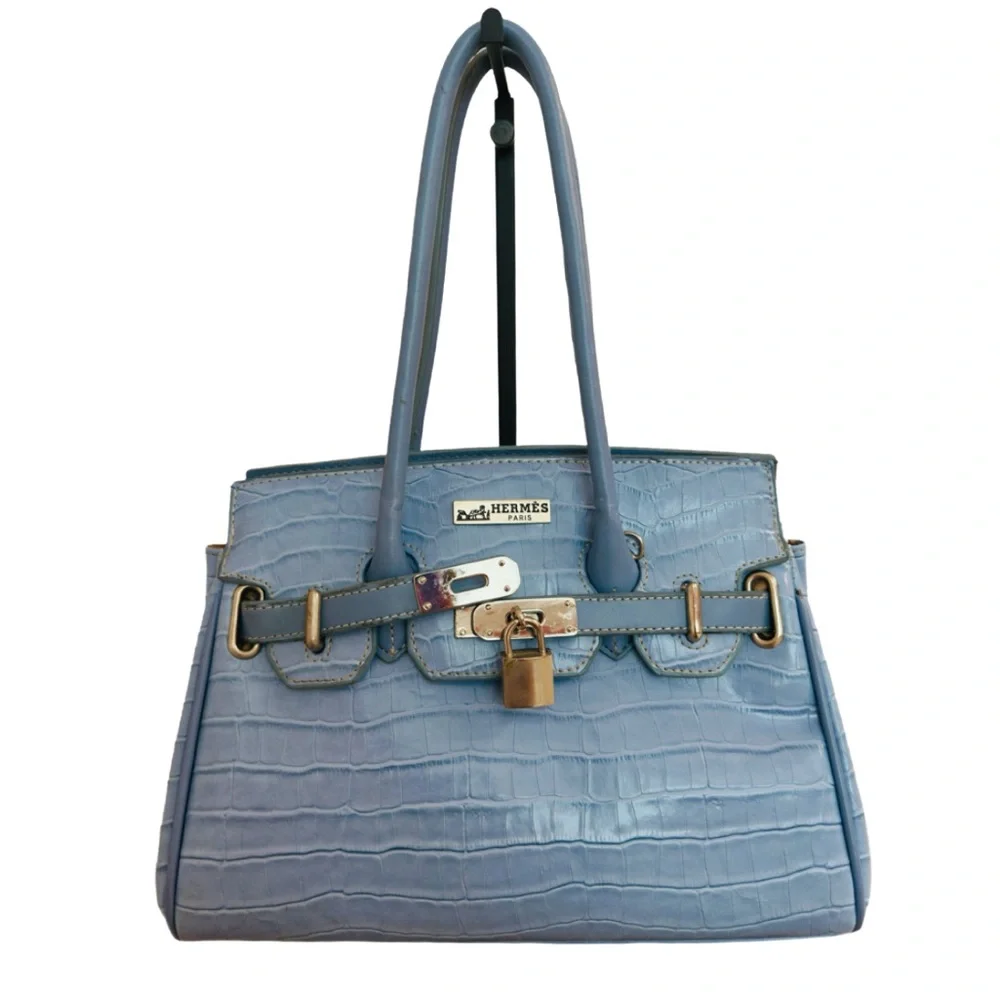 Light Blue Croc-Embossed Satchel with Detachable Strap